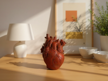 Brown heart-shaped vase on a wooden surface with a lamp and abstract art in the background - Lioré®