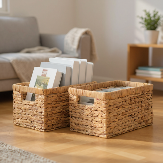 Two woven baskets on a wooden floor with books and magazines inside, in a living room setting. - Lioré® USA