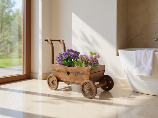 Wooden planter with flowers on a bathroom floor next to a bathtub - Lioré®