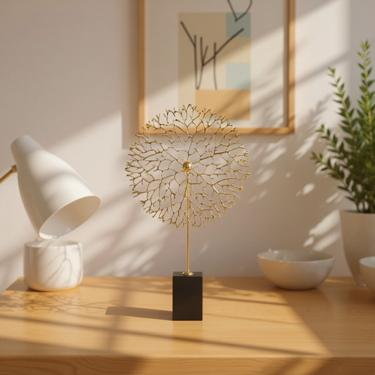 Decorative tree sculpture with intricate design on a wooden surface, with a white lampshade and plant in the background. - Lioré® USA