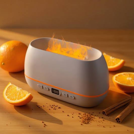 White diffuser with orange flames on a wooden surface with oranges and cinnamon sticks. - Lioré®